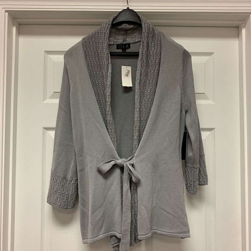 One A Mixed Gray Knits Tie Front Cardigan sz L NWT